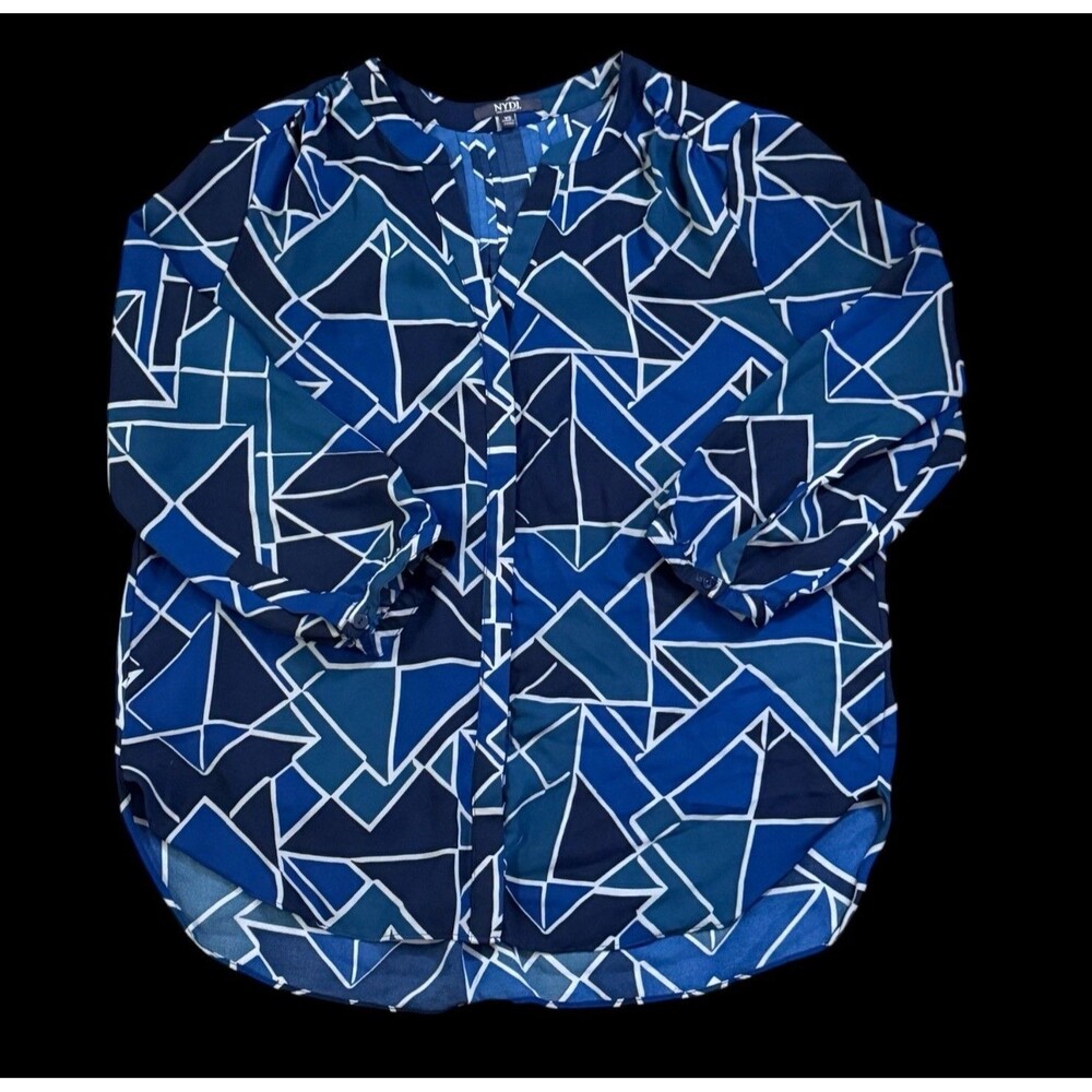 NYDJ XS Geometric Print Blouse Tunic Blue White V-Neck 3/4 Sleeve